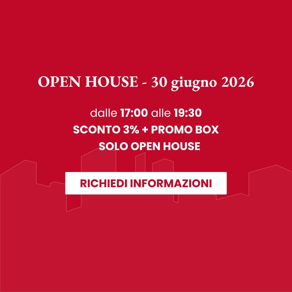 Locandina dell'evento Open House Parco Vittoria il 30 giugno 2026 dalle 17:00 alle 19:30. Promozione speciale: sconto 3% e promo box solo durante l'open house. Pulsante per richiedere informazioni.